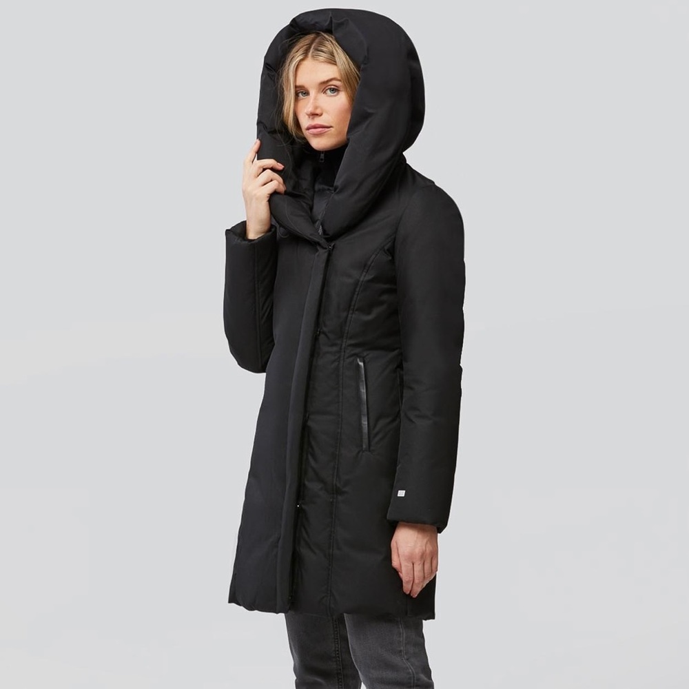 New Soia and Kyo CAMELIA Slim Fit Brushed Down Coat, Leather Trims. XS. Black